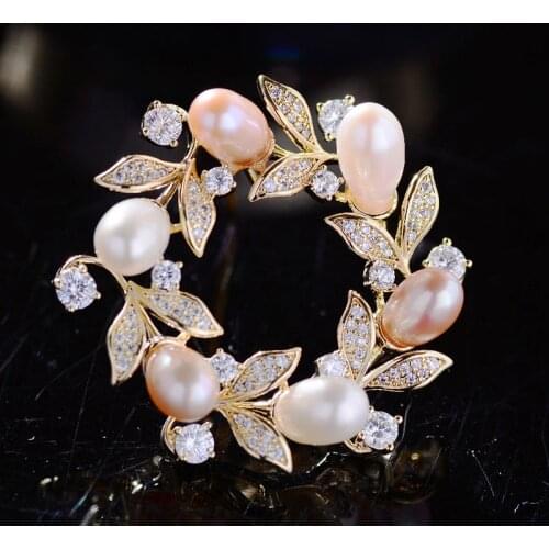 OKILY Gorgeous Freshwater Pearls Circle Brooches for Women Weddings Party Brooch Pins Gifts Classical Wreath Broochpins Jewelry
