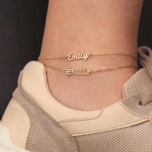 Wholesale Nameplate Anklets Personalized Custom Old English Letter Name Gold Plated Foot Jewelry Stainless Steel Ankle Bracelets