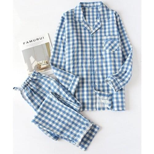 SeeBest Vintage Plaid Cotton Couple Pajams Set Comfy Sleepwear Loungwear Homewear Cotton Pajamas for Women Men Pink Plaid