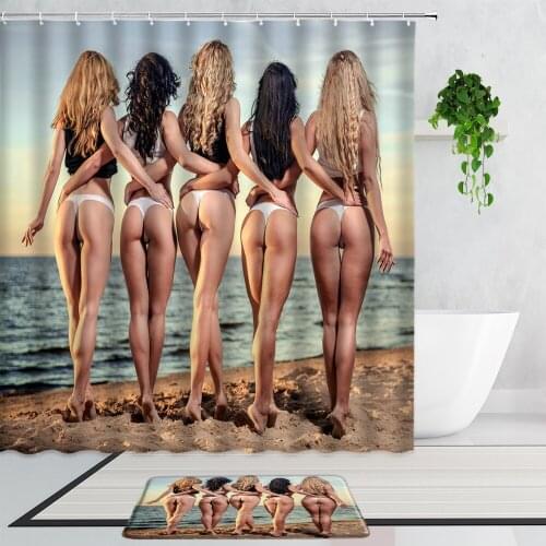 Sexy Beach Woman Shower Curtains Beautiful Girl Back View Sea Landscape Home Decor Background Cloth Non-Slip Carpet Bath Curtain