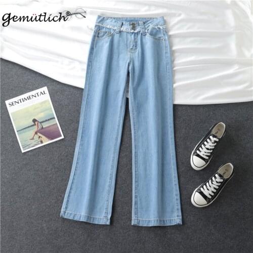 GEMUTLICH Big Size 100% Cotton Wide Leg Pants Loose Straight Women Denim Pants High Waist Full Length Casual Thin Trousers