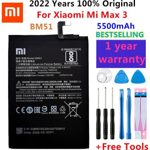 100% Original Replacement Battery For Xiaomi Mi Max3 Max 3 BM51 Genuine Phone Battery 5500mAh+Free Tools+Free Stickers