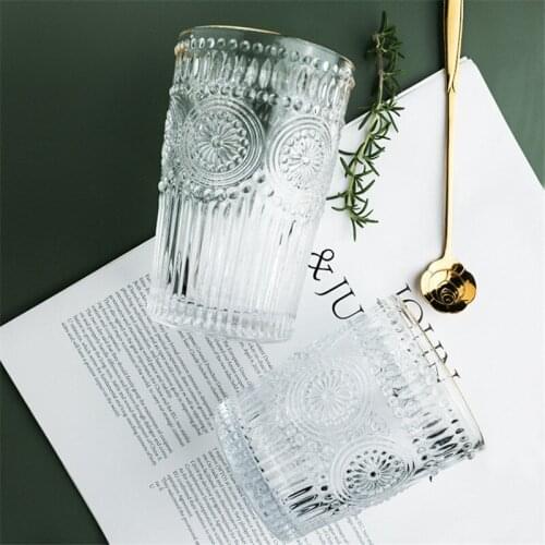 Engraving Flowers Glass Mug Transparent Crystal Coffee Tea Cup Wine Glass Gold Pringting Heat Resistant Household Drinkware