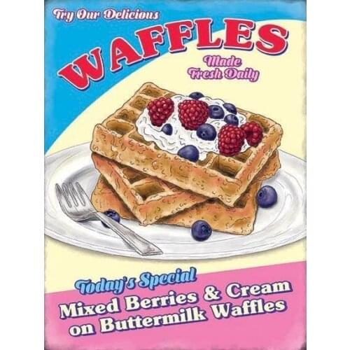 Waffles Made Fresh Daily Vintage Metal Sign Plaque Kitchen Bar Coffee Shop Decor