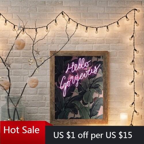 Hello Gorgeous Neon Sign with Banana Leaves Print Neon Wall Art Picture Canvas Painting Botanical Home Room Decor Wall Decor