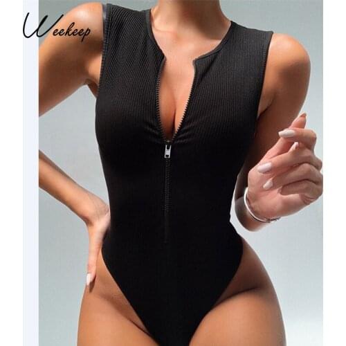 Weekeep Rib Knitted Women Zipper Bodysuit Basic Casual Sleeveless Bodycon Jumpsuit Streetwear One Piece Body Rompers Summer 2021