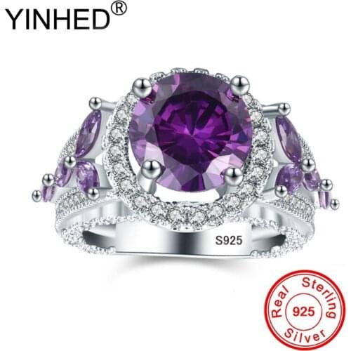 YINHED Original Pure 925 Sliver Rings Purple Stone Ring Luxury CZ Zircon Rings for Women Fashion Wedding Jewelry Round Ring R898