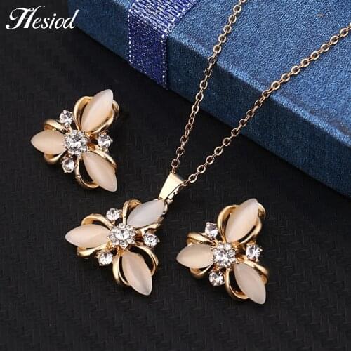 Natural Cats Eye Stone Jewelry Sets Gold Color Pendant Necklace Earrings Set For Women Bridal Wedding Crystal Jewelry Gift