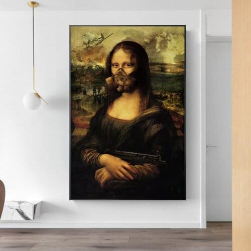 Funny Art Mona Lisa Hold A Gun In The War Wall Art Pictures Canvas Paintings Posters and Prints for Living Room Decor