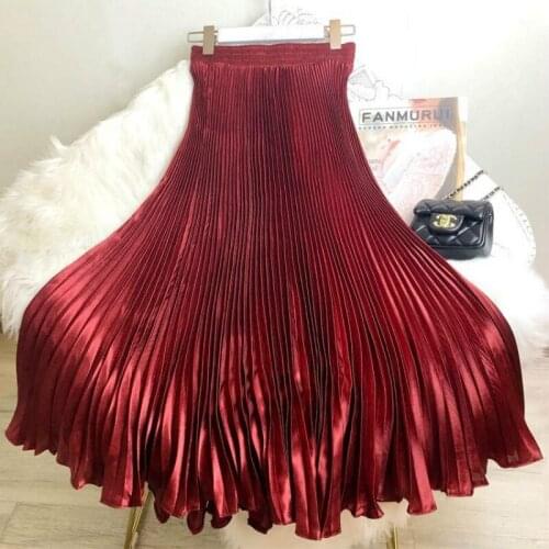Korean Women Fashion Pleated Satin Long Skirt Female Chic Streetwear Elastic High Waist Red Skirts Saia 2021 Autumn Winter L10