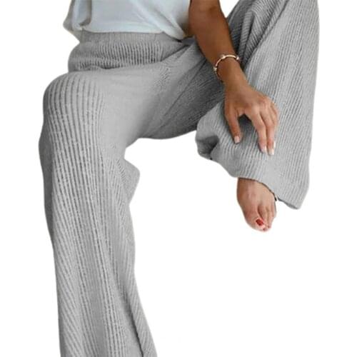 50%HOT Pants High Waist Elastic Waistband Knitted Trousers Women Solid Color Wide Leg Slacks for Spring