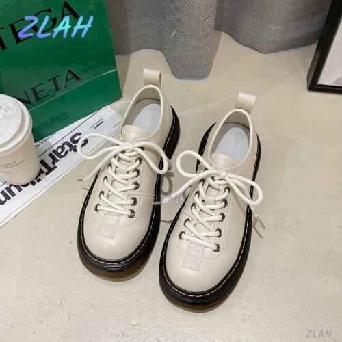 Womens Oxford Flat Shoes Zlah Autumn New Fashion Cross-lace Thick-soled Round Toe PU Leather Casual Shallow Mouth Women Loafers