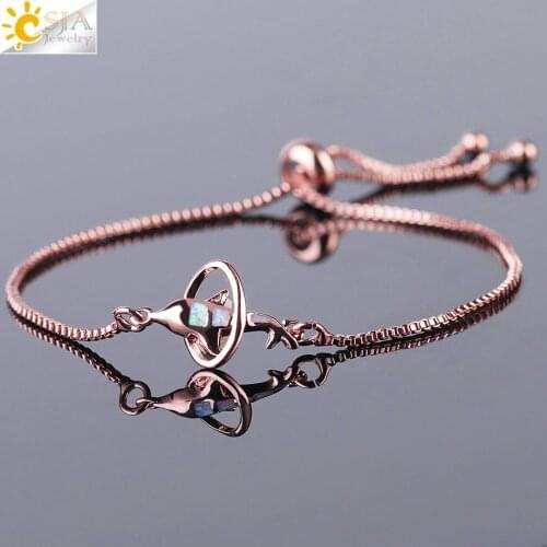 CSJA Simple Style Silver Color Rose Gold-color Charms Bracelet Oval Circle Opal Dolphin Animal for Women Bangle Femme Gifts F497