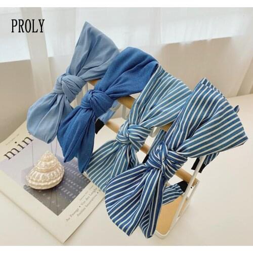 PROLY New Fashion Women Hair Accessories Blue Denim Headband Big Bow Knot Hairband Summer Turban For Adult Headwear