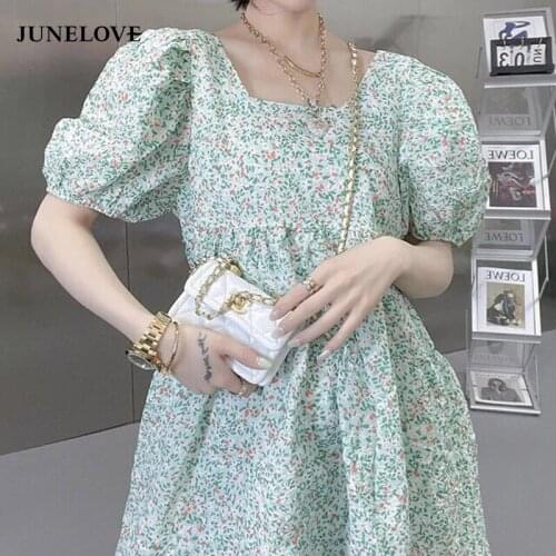 JuneLove Summer Dress Vintage Sweet Dress Floral Print Elegant Kawali French Chic Dress Casual Puff Sleeve Beach Party Dresses