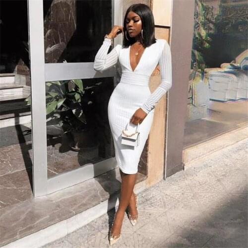Hight Quality Autumn Sexy Deep V Neck Full Sleeves Mid Bodycon Bandage Dress Rayon Vintage Femal Evening Party Dress Vestios