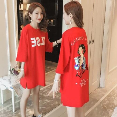 #2352 Summer Letter Printed Loose T-shirt Mini Dress Woman Red Cotton Three Quater Sleeve Tshirt Dresses Ladies Casual Big Size