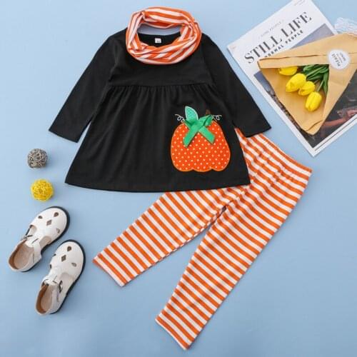 3Pcs Kids Halloween Tracksuit, Pumpkin Embroidery Long Sleeves Blouse + Stripe Pants + Scarf for Girls, 1-6 Years