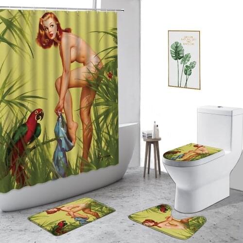 3D Sexy Beauty Shower Curtain Color Parrot Beautiful Woman Bathroom Decor Set Non-Slip Carpet Toilet Cover Fabric Bath Curtains
