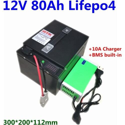 GTK 12V 80Ah LiFepo4 battery pack with 4S BMS for motorhome campers RV EV UPS solar system caravan+10A Charger