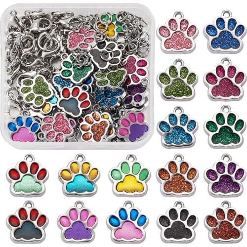 1Set Pendant Making Kit with Glitter Powder/Two Tone Dog Paw Prints Alloy Enamel Pendants Charm Jewelry Finding for DIY Necklace