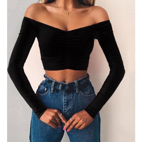 Coolest Off Shoulder Crop Tops Casual Ruched Pleated White T-shirt Women Long Sleeve Cropped Tshirt For Women Clothing