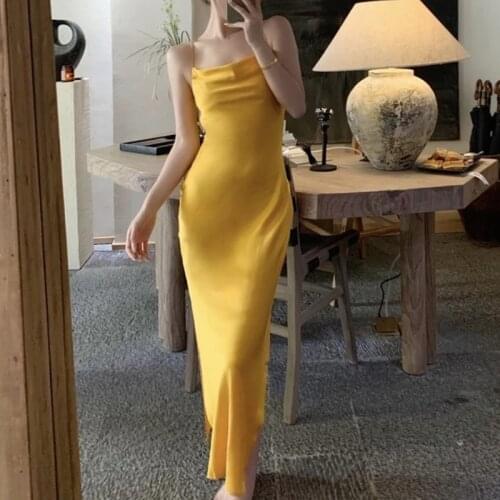 Summer Womens Summer Sundresses Yellow Backless Sexy Beach Dress 2021 V-Neck Holiday Spliting Spaghetti Strap Dress Femme Robe