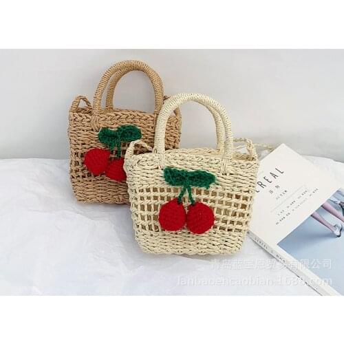 Summer Women Beach Handbag Tote Purse Cute Cherry Bucket Straw Woven Shoulder Crossbody Bag for Travel Everyday Use