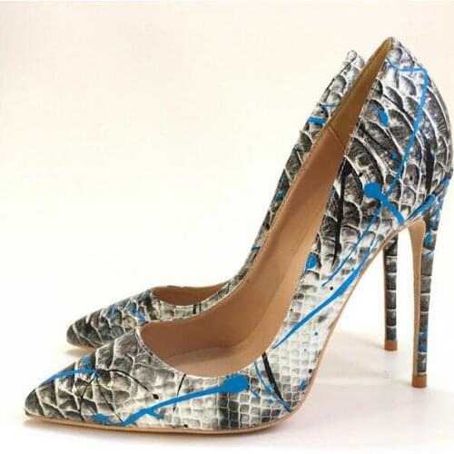 Hot Selling Blue Ink Women Formale Shoes Pointed Heels Stiletto Wedding Shoes Bride Snake Print Leather Ladies Dress Shoes