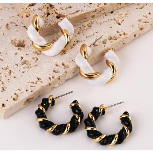 Lifefontier Vintage Enamel Metal Twisted Weave Hoop Earrings for Women Black White Gold Color Geometric Circel Earrings Jewelry