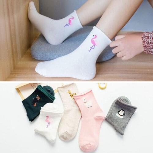 Cute Flamingo Funny Socks Women Harajuku Ladies Ankle Socks Animal Print Sheep Penguin Fox Cotton Socks sox