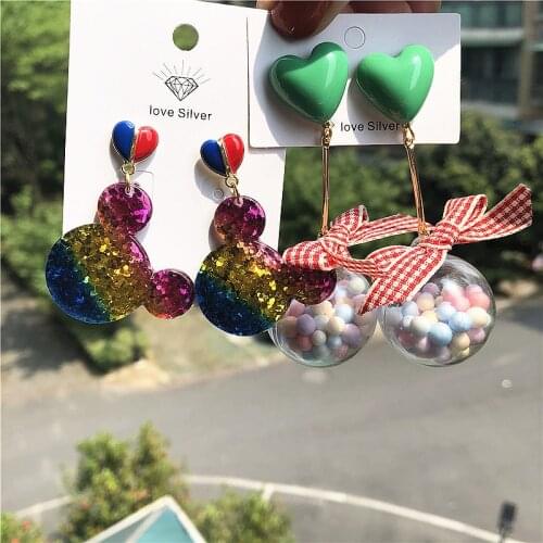 Disney Sweet Girls Anime Accessories Fashion Resin 925 Silver Fashion Ear Pendant Mickey Mouse Cartoon Ball Cute Cosplay Gift