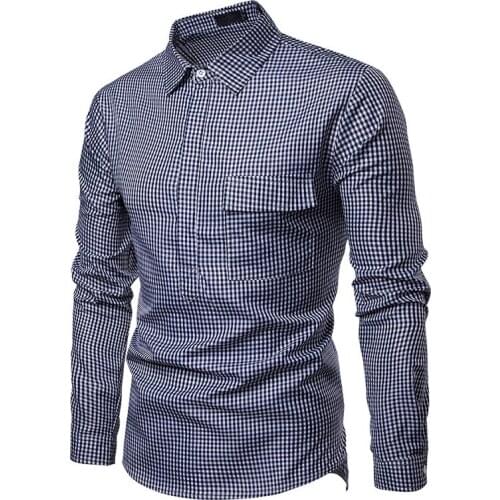 Mens Long Sleeve Shirt Turn Down Collar Plaid Pullover Fashion Casual Loose Dynamic Shirt with Pocket