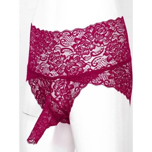 Mens Gay Sexy Jockstraps Panties See-Through Lace Briefs JJ Penis Bulge Pouch Briefs Thongs Exotic Sissy Underwear Underpants