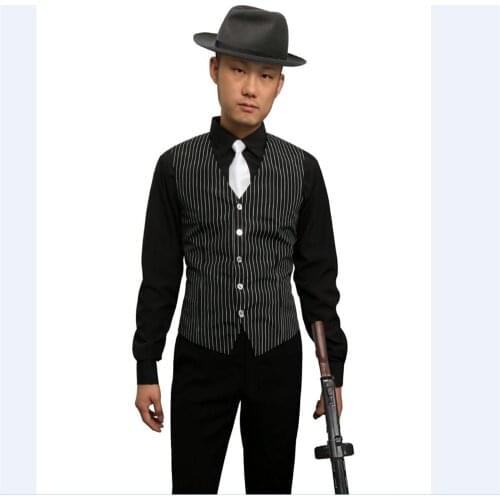 Mens Gangster Shirt Vest Tie Costume V Neck Waistcoat Men New Vertical Striped Suit Vest Slim for Wedding Business Halloween