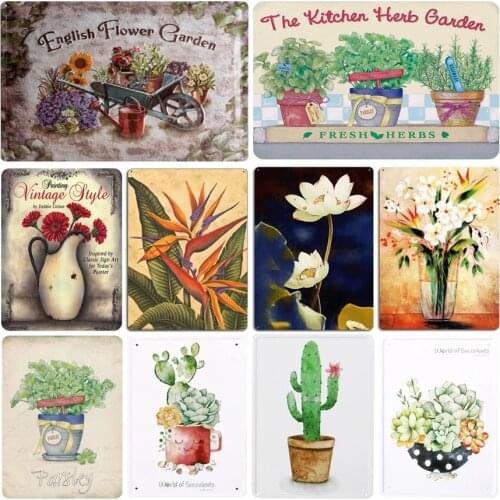 New Metal Signs Flower Style Garden Tin Sign Vintage Cactus Lotus Flower Metal Plate Retro Iron Painting Decor Wall Poster