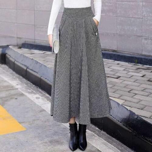 Autumn Winter High Waist Tweed Skirt 2020 Women Woolen Flared Pleated Midi Skirt Vintage Plus Size Stripe Long Skirt With Pocket