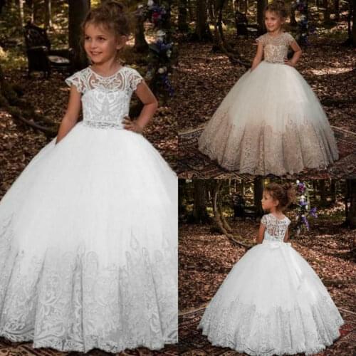 Flower Girl Dresses Beading Sash Lace Appliques Fluffy Tulle Floor Length Elegant Princess Wedding Pageant Birthday Dresses