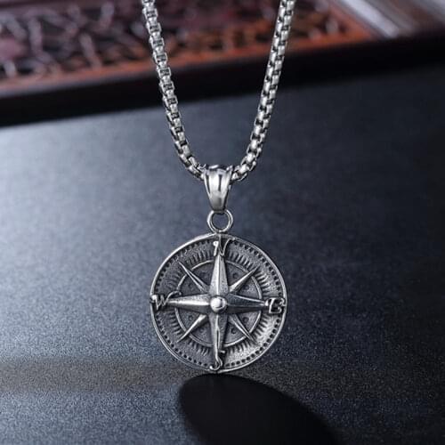 Travel Jewelry Pendent Collier Silver Color Stainless Steel Compass Charms Necklace Coin Shape North Star Pendant Chains Gift