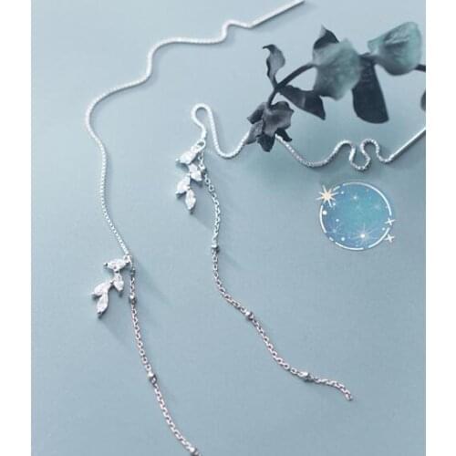 SO THIN Real. 925 Sterling Silver jewelry White Zirconia Branch Leaf Threader Dangle Earrings Tassel jewelry GTLE2584