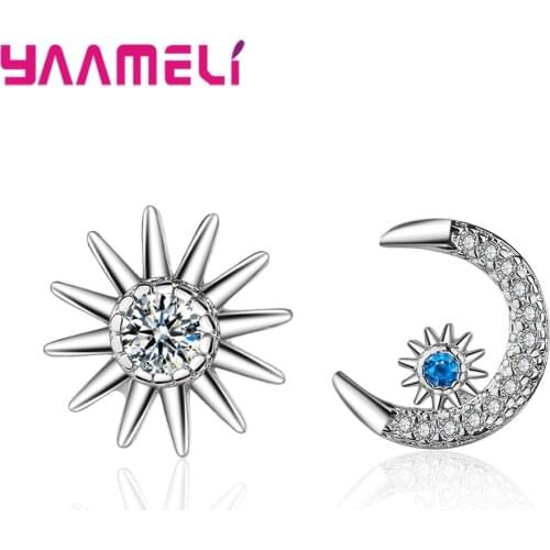 Moon Star Ear Stud Earrings for Women Girls Birthday Gift Clear Blue Cubic Zircon with 925 Silver Wedding Party Jewelry