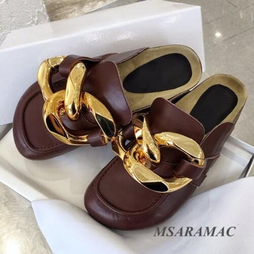 Flat Heel Chain Mules Unisex Round Toe Slippers Shoes Stylish Women Outdoor Slippers Casual Black Beach Shoes Slides