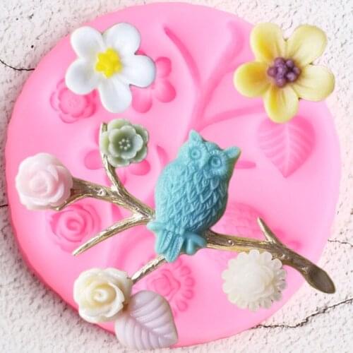 Tree Branch Border Silicone Molds Flower Leaves Owl Cupcake Topper Fondant Cake Decorating Tools Candy Clay Chocolate Mould