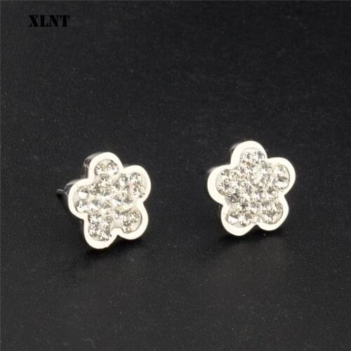 XLNT Shiny New Womens Fashion Brand Jewelry Crystal Flower Stud Earrings for Women Statement Simple Style Gift Earrings