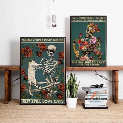 Funny Spiritual Skull And Cat Retro Poster Canvas Painting Printing Nude Bathroom Art Deco For Modern Home Room Decor Pictures