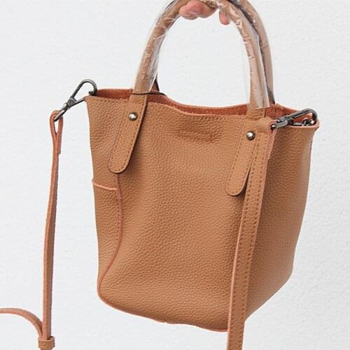 Women Handbags Small Bucket Bag Fashion Trend Shoulder Messenger Bag Female Soft Genuine Leather Solid Color Hasp Zipper Tote