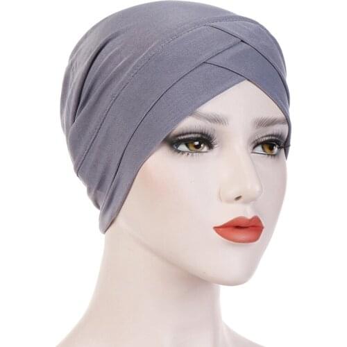Women Turban Hat Stretchy Cross Head Wrap Solid Color Muslim Scarf Fashion Bandana India Cap Headwear Hair Accessories