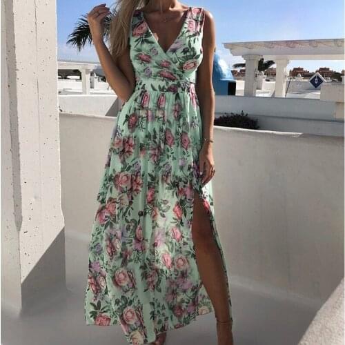 New Summer Vacation Beach Split Skirt Elegant CHIFFON FLOWER PRINT Zipper Sun Skirt Casual Tunic V-neck Sleeveless Dress