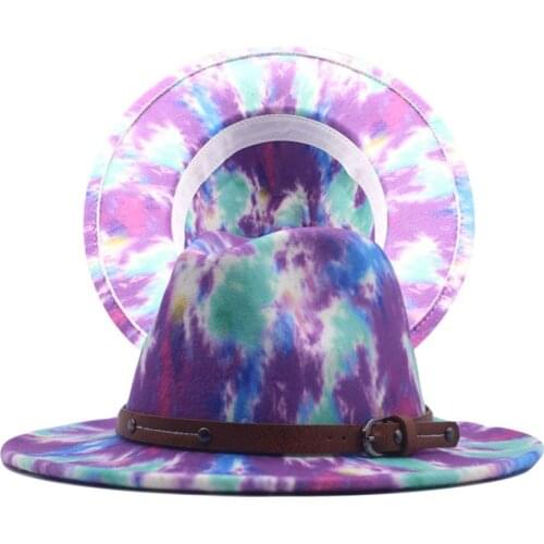 Wide Brim Tie Dye Fedora Hats For Women Men Autumn Winter Ladies Vintage Fascinator Multicolor Panama Felt Jazz Hat