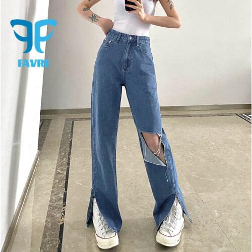 FAVRE Vintage Gothic Cut Out Holes Chain Straight Jeans Women Split High Waist Long Denim Pants Summer Casual Streetwear